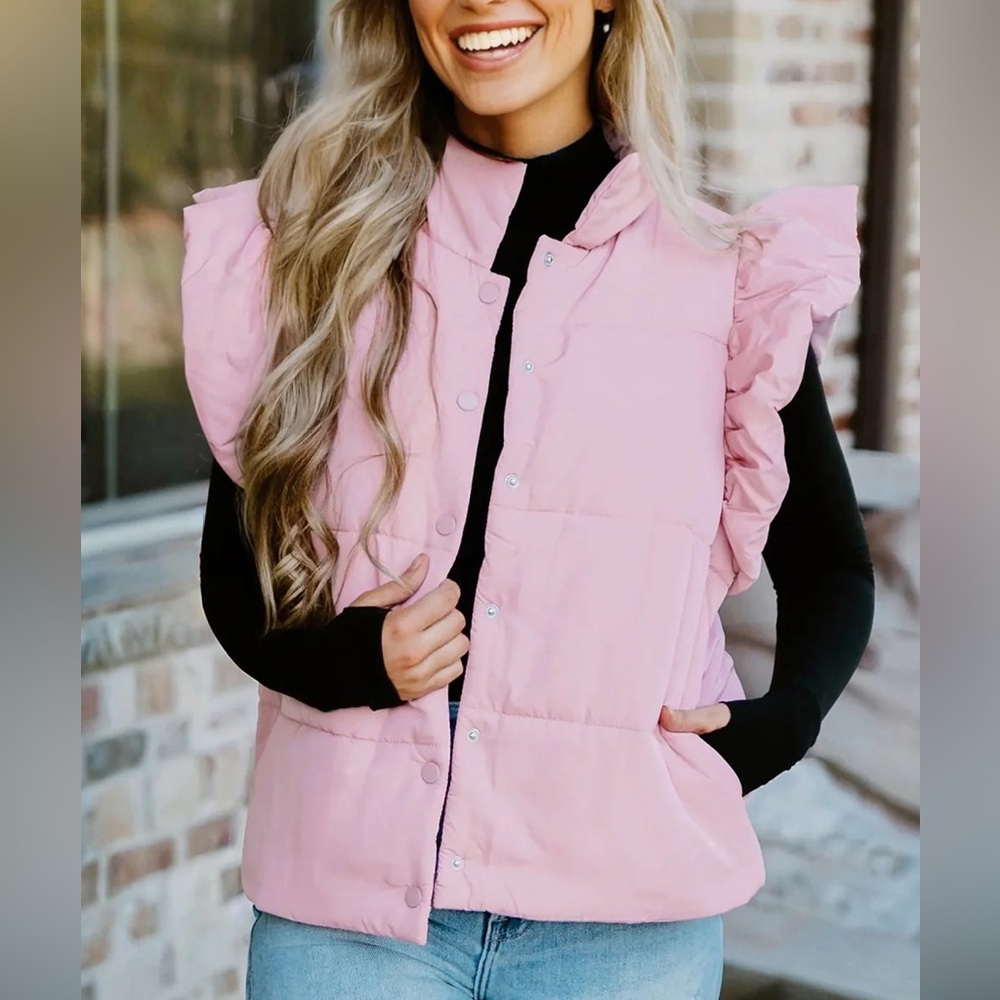 Bucket List Boutique Light Pink Ruffle Sleeve Puffer Vest Sz S NWT
